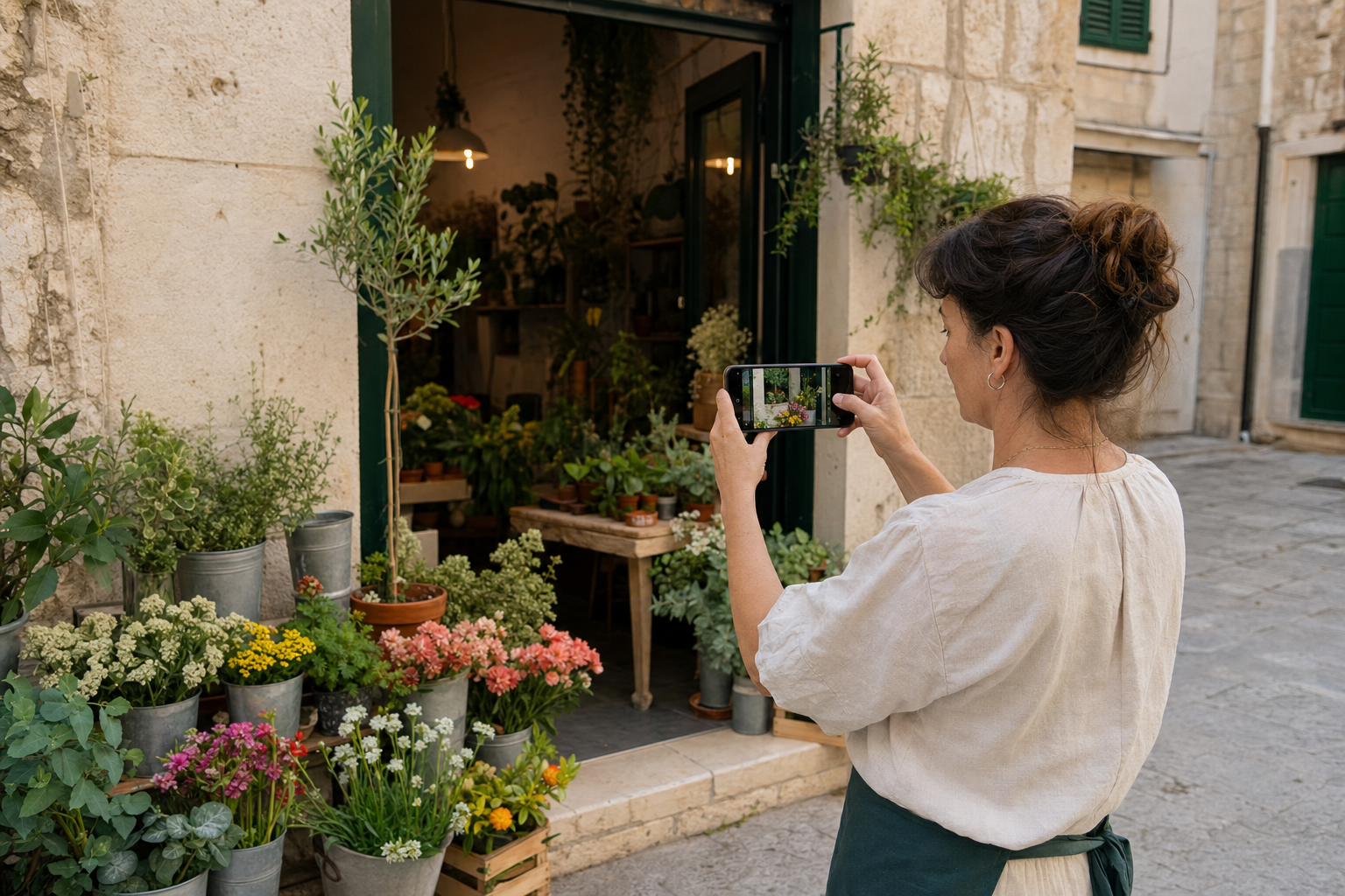 Vlasnica male cvjećarnice fotografira aktualnu ponudu za poslovni profil